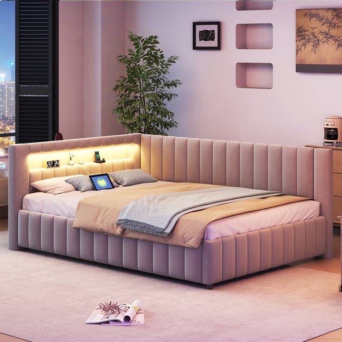 PHOEBE CAT Gestoffeerd bed - 140x200cm - Slaapbank - Velvet - LED-verlichting - USB/Type-C - Grijs