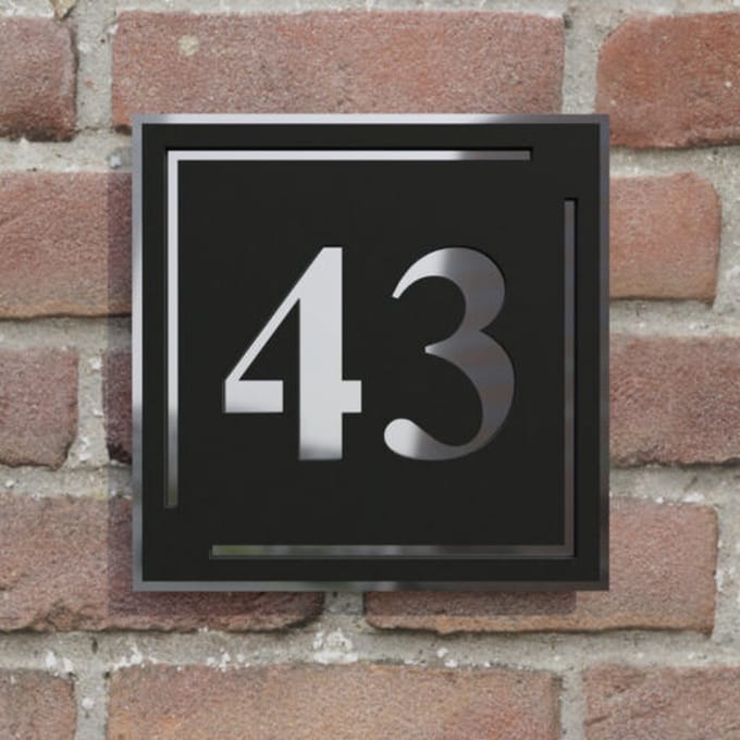 Huisnummerbord voordeur - Vierkant kader - 15 cm - zwart/zilver