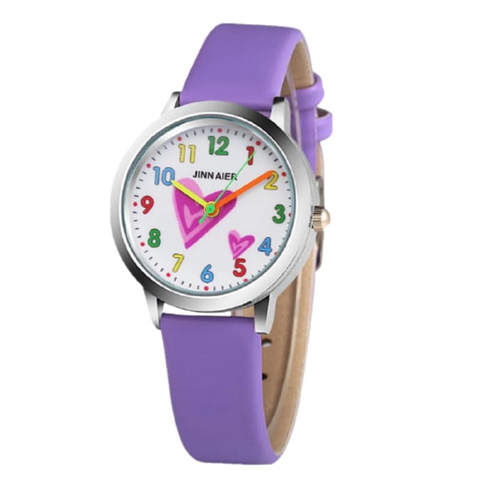 12Getit Meisjes horloge Paars met hartjes afbeeldingen en leer bandje