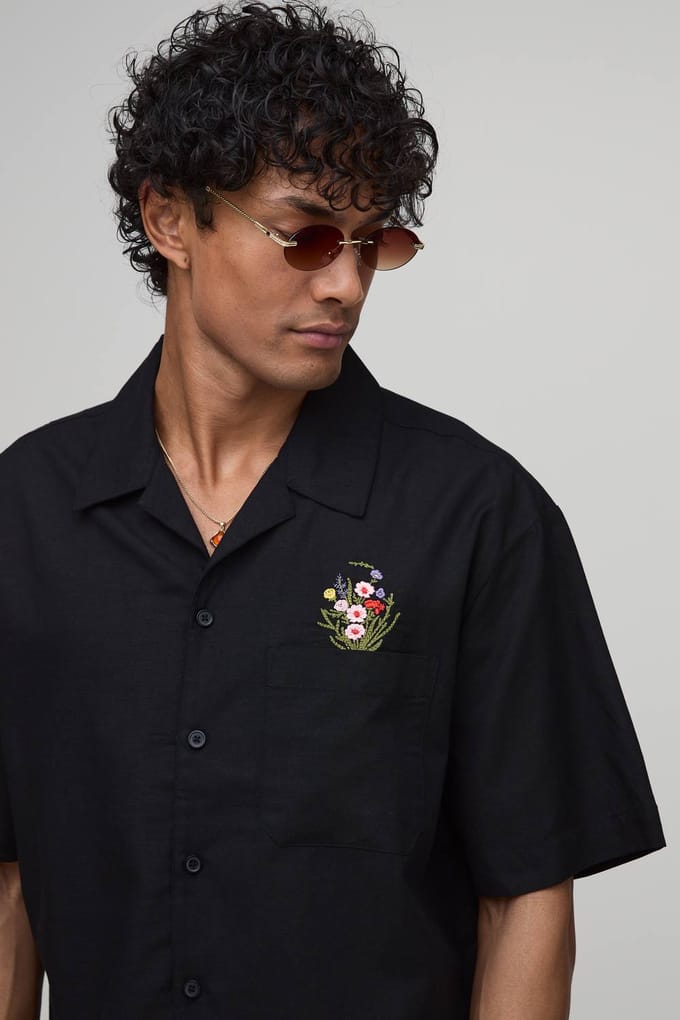 Oversized Linnen Blend Shirt Met Bloemenprint En Borstzak | Black | Size Medium