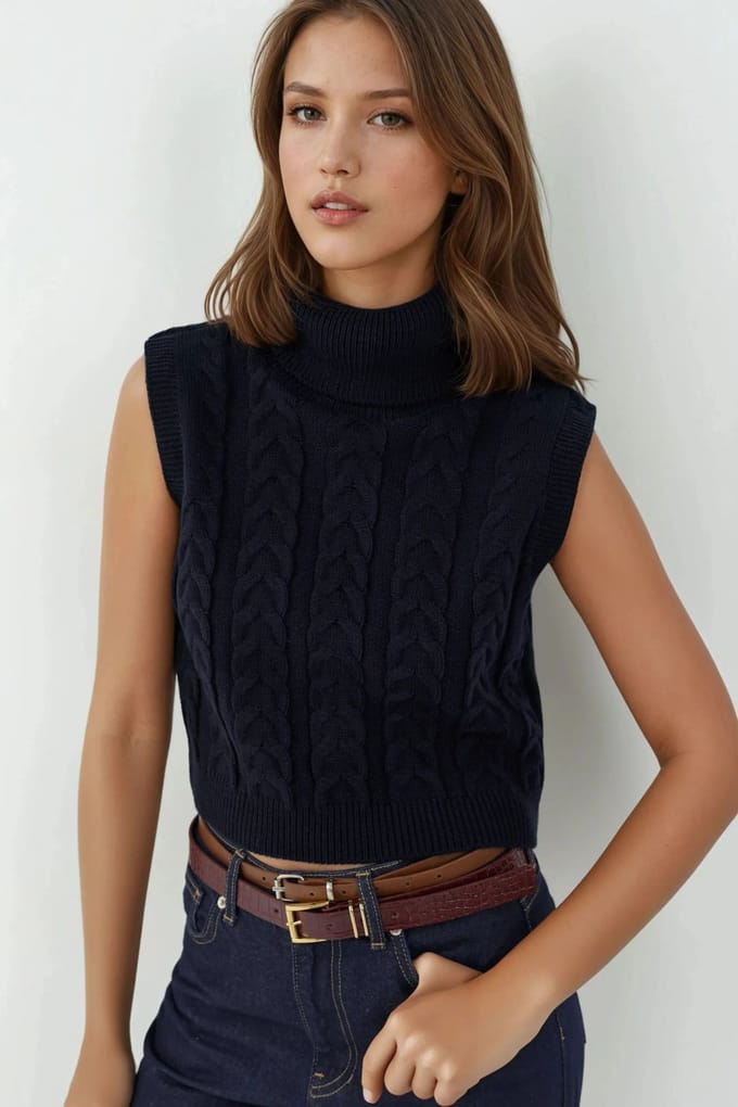 Turtleneck Brei Sweater Vest met Haar Vlechtpatroon