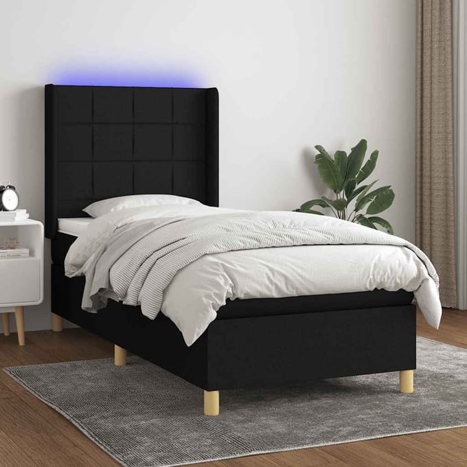 vidaXL - Boxspring - met - matras - en - LED - stof - zwart - 90x200 - cm
