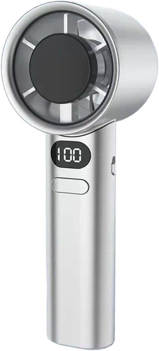 Draagbare handventilator met 120 windsnelheden, LED-display en USB-oplaadfunctie (zilver).