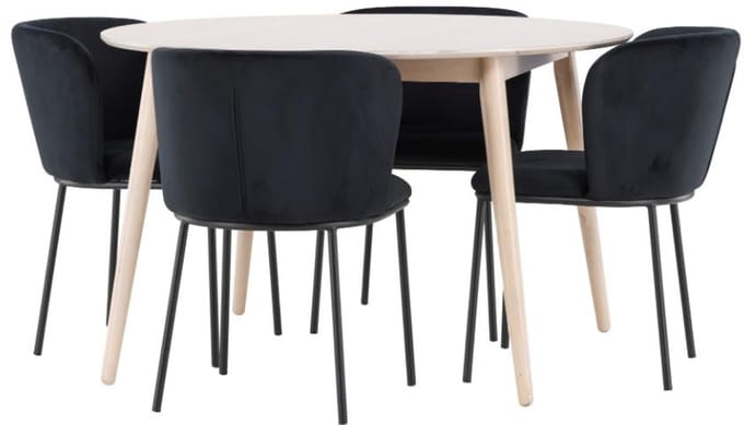 Flora eethoek tafel Ø120cm en 4 stoelen whitewash, zwart.