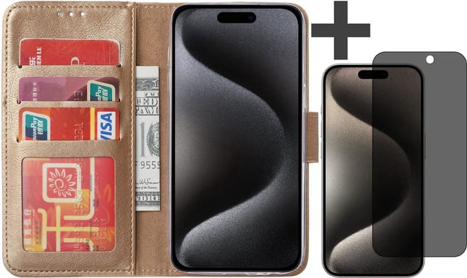 Hoesje met Privacy Screenprotector Geschikt voor iPhone 15 Pro – Arara bookcase met pasjeshouder - Goud