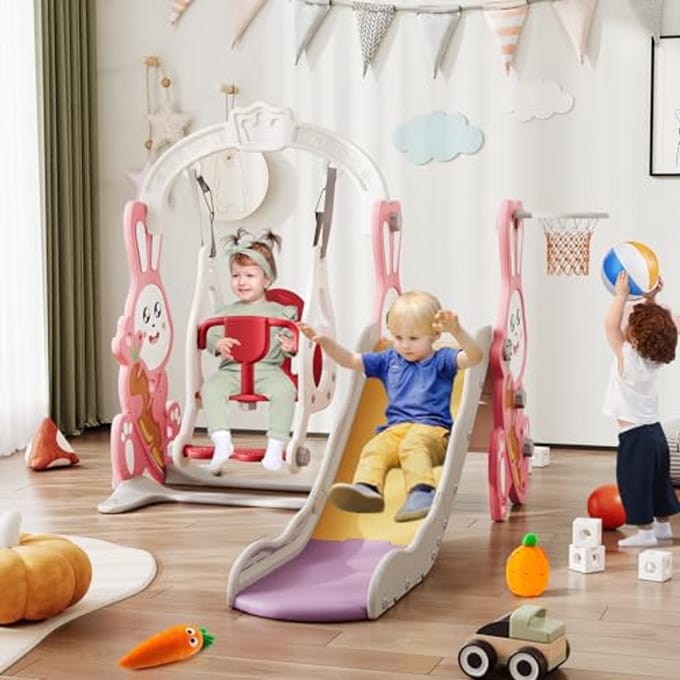 Glijbaan met schommel - Speeltoestel - Binnen en buiten spelen - 4-in-1 speelplezier - 142 x 119 x 118 cm