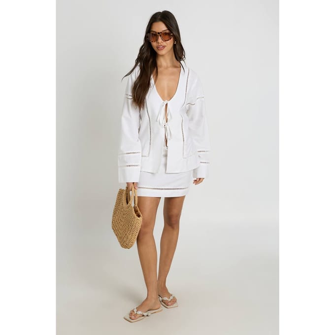 boohoo Dames Linnen Ladder Insert Strikshirt En Mini Rok Co-ord | White | Maat: 10