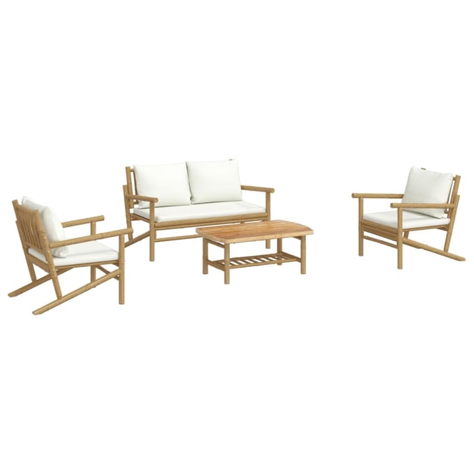 vidaXL - 4-delige - Loungeset - met - kussens - bamboe - crèmewit
