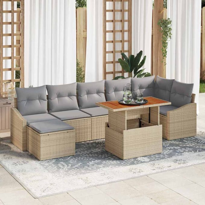 vidaXL Tuin Eettafel Set met kussen 8 pcs Beige en Grijs