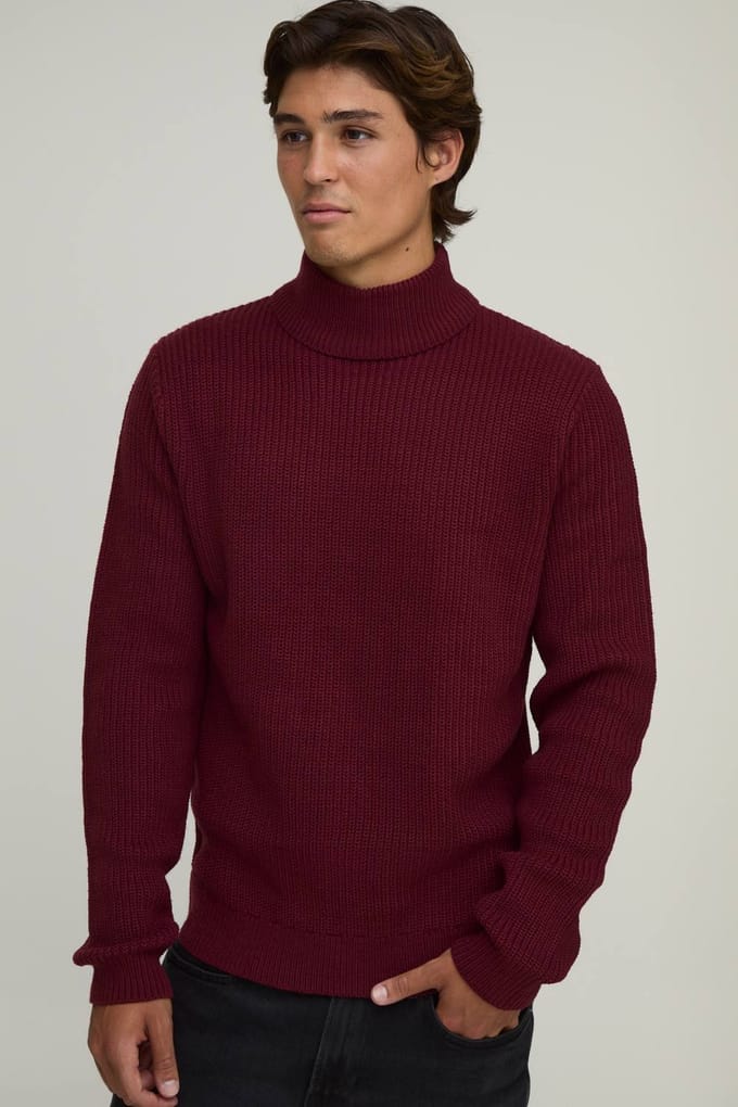 Regular Fit Coltrui Geribbelde Gebreide Trui | Burgundy | Size Large