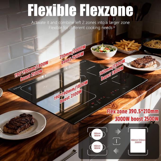 Inductiekookplaat 4 Zones met Flexzone en Touchscreen - 60 cm - Veiligheidsvergrendeling en Timer