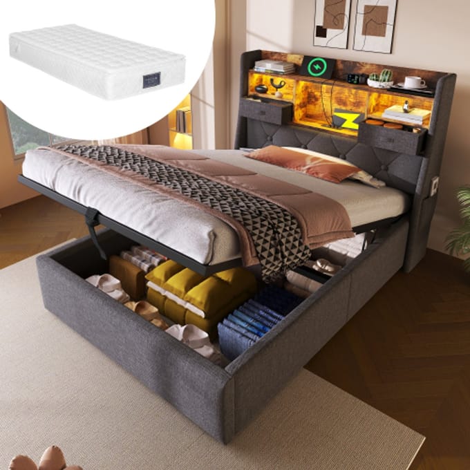 MODFU Eenpersoonsbed – 90x200 cm – Met opbergruimte & LED – Retro – Grijs linnen