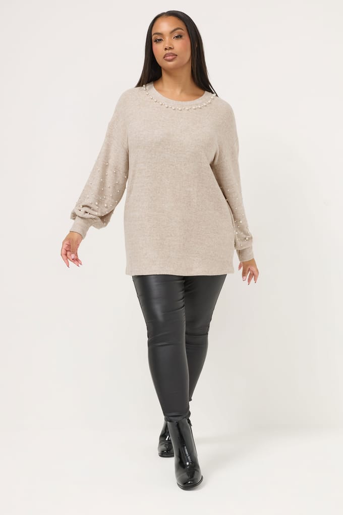 Yours Natuurlijk Bruine Trui Met Parelversiering Size 44