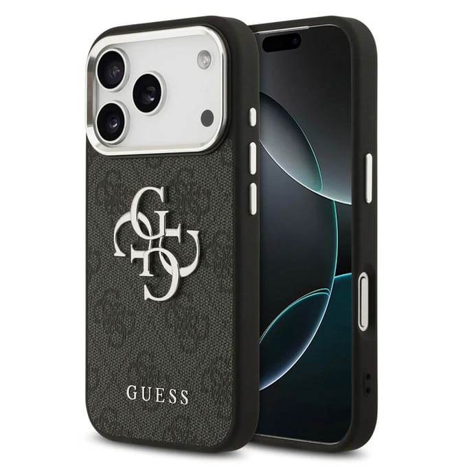 Guess 4G Metal Logo Backcover voor de Apple iPhone 17 Pro Max - Silver Edge - Black