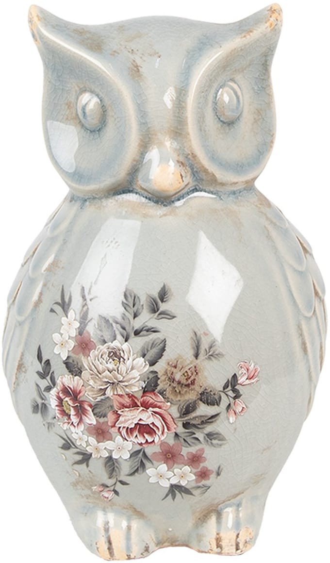 Clayre & Eef Decoratie Beeld Uil 13x12x22 cm Grijs Keramiek