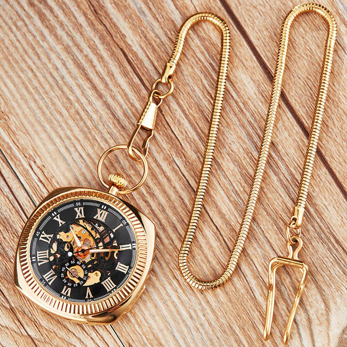 Mechanisch gouden vintage skelet vierkant open-face zakhorloge