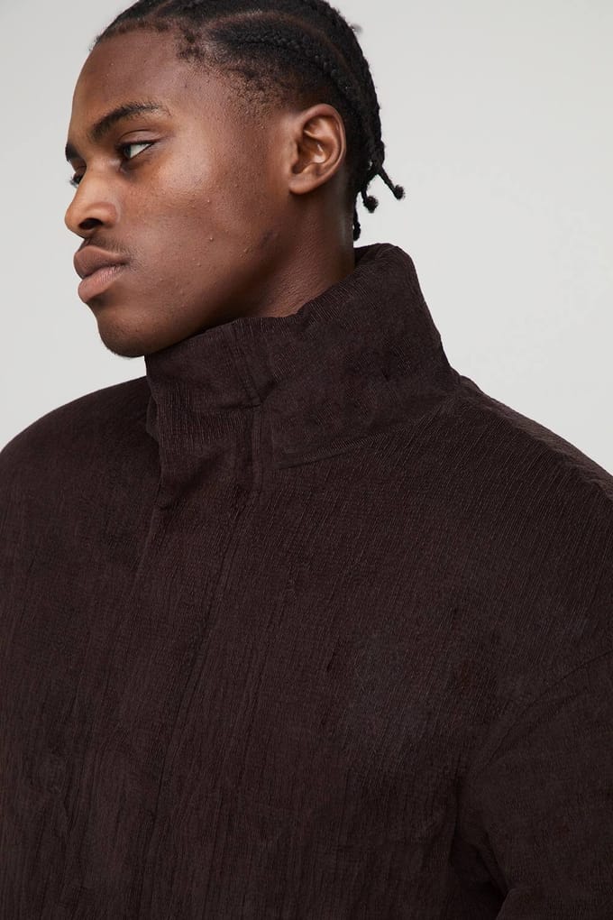 Boxy Fit Textured Velour Funnel Neck Puffer Jacket | Chocolate | Size Medium