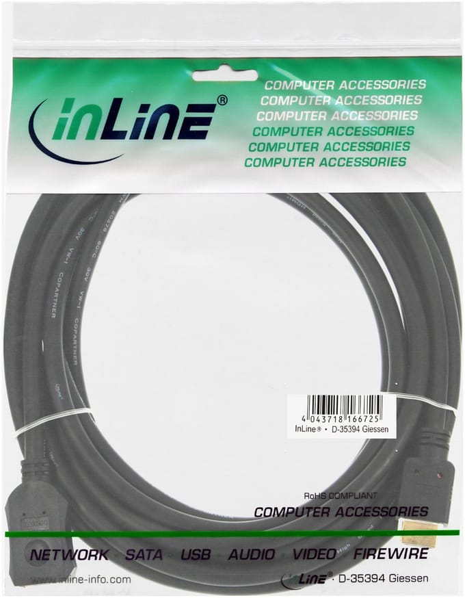 InLine® HDMI-verlengkabel, HDMI High Speed, stekker/bus, 1m