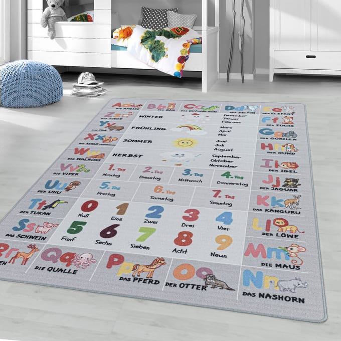 Flycarpets Kindervloerkleed - ABC, Cijfers en Dieren- Grijs 100x150 cm