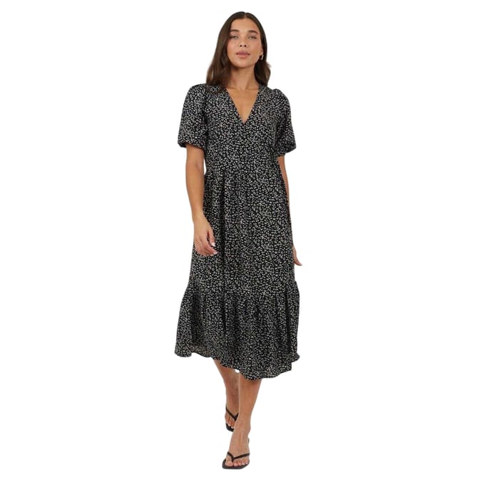 Brave Soul Dames/Dames Puff Sleeve Wrap Dress (Zwart, Wit)