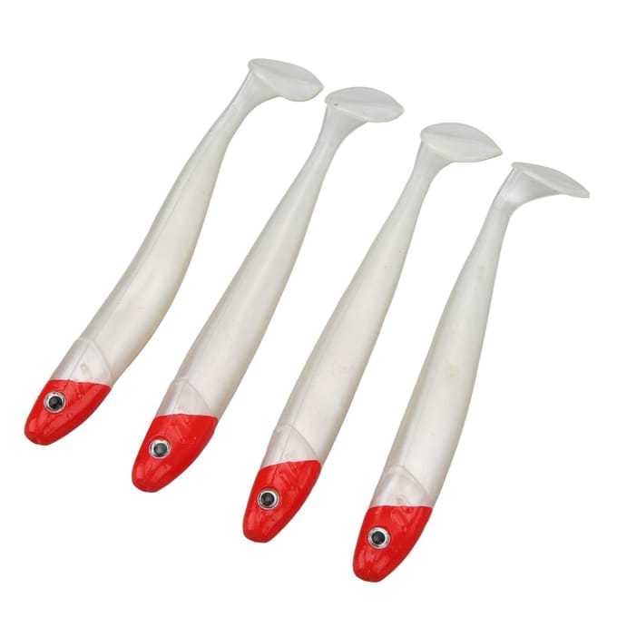 4 STuks Vis Soft Lures T Staart Vis Gekrulde Staart Madeen Zachte Baits Zeevis Lures Rode Kop Witte Body white