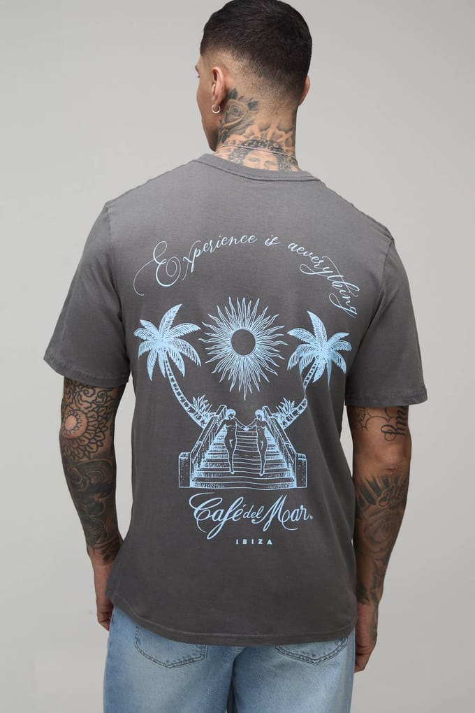 Lang Oversized Cafe Del Mar Palmboom Licentie Print T-shirt | Charcoal | Size Large