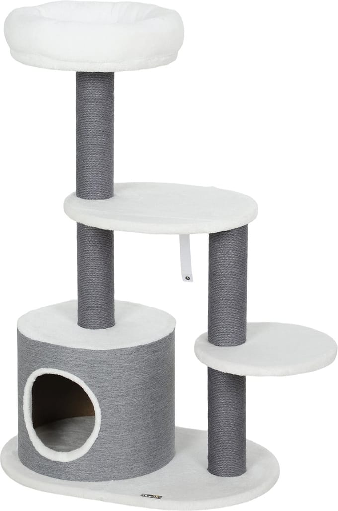 Killogood Krabpaal met 1 kattehol - 1 kattebed - 2 platformen en jute-touwpalen - wit-grijs