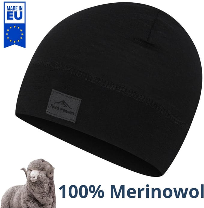 Fjord Nansen muts 100% Merinowol - one size - zwart - made in EU