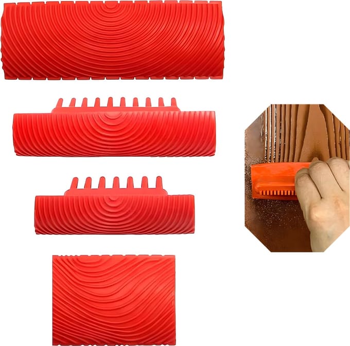Somstyle Houtnerf Schilder Tool Set - 4-Delig - Houtnerf Kam - Houtnerver - Verfroller - Rood