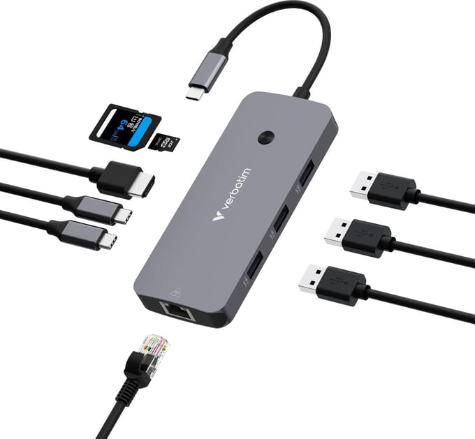 Verbatim Adapterhub USB-C - HDMI/3xUSB-A/SD/microSD/2xUSB-C/Eternet aluminium/aluminium 32152