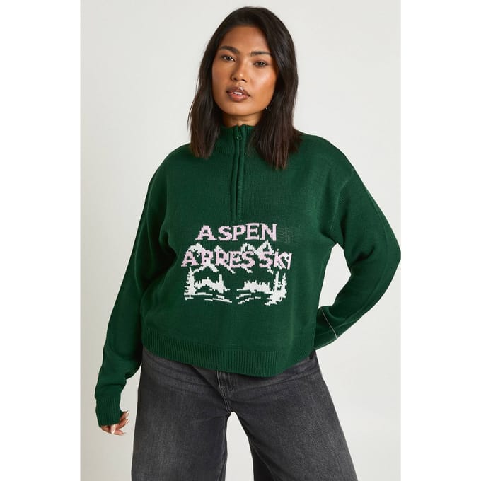 boohoo Dames Plus Aspen Apres-Ski Half Zip Kersttrui | Green | Maat: 18-20