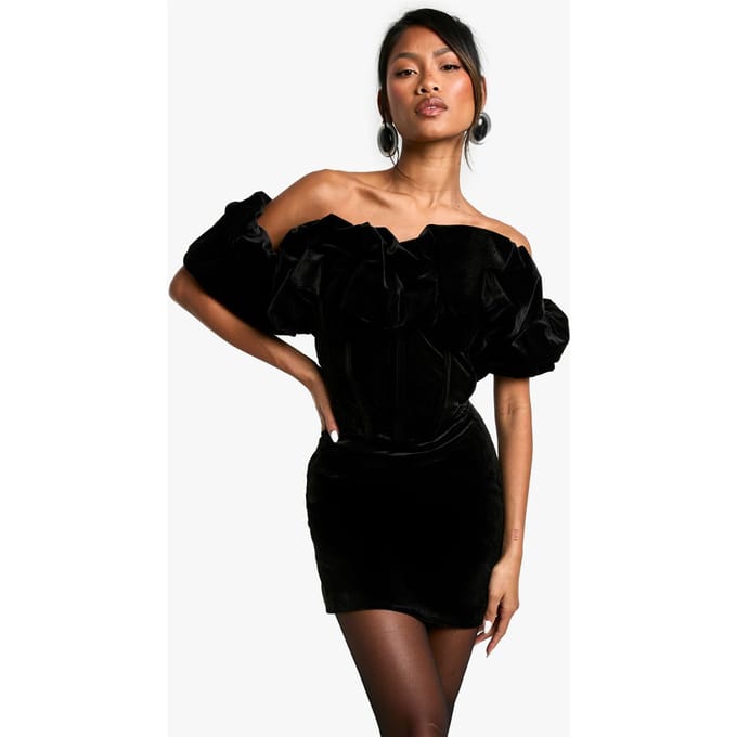 boohoo Dames Extreme Ruffle Fluwelen Mini-jurk | Black | Maat: 18