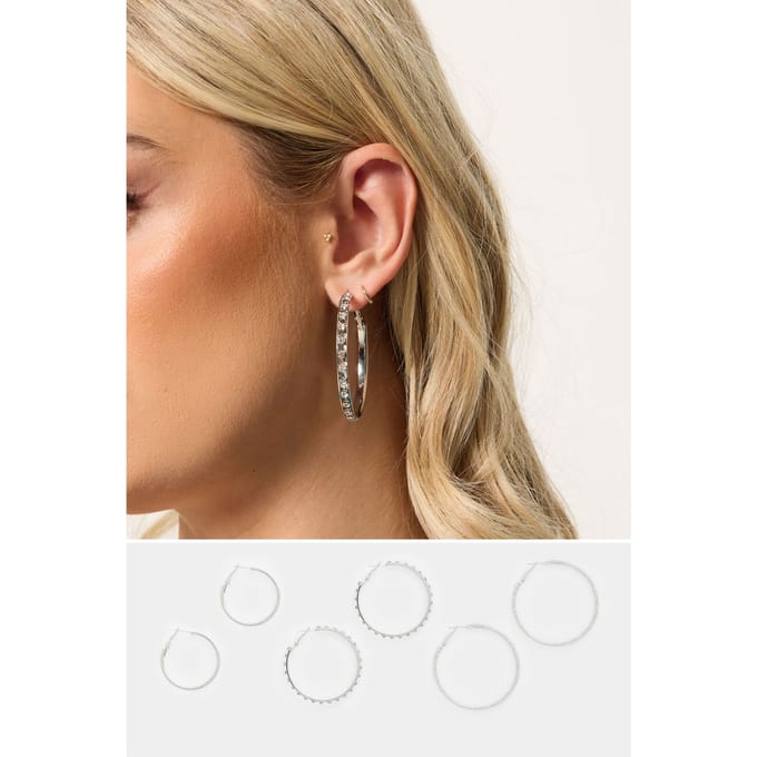 Yours 3Pack Zilverkleurige Diamanten Hoepeloorbellensize One Size