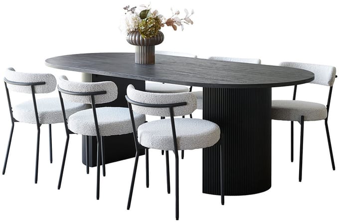 Kyoto eethoek eettafel 100x210cm donkerbruin en 6 stoelen bouclé wit.