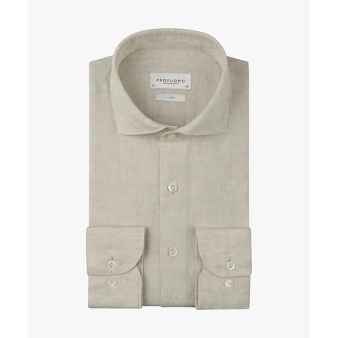 Profuomo Overhemd Linnen Sand - Maat 44 - Heren - Overhemden Casual