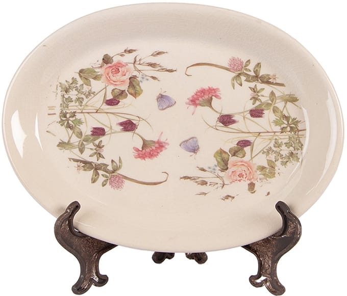 Clayre & Eef Onderbord 25x18x2 cm Beige Roze Keramiek Bloemen