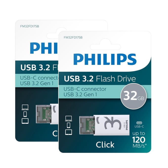 Philips FM32FD175B USB-C Stick - 32 GB - USB-C - USB 3.2 GEN 1 - Click Edition - 2-Pack