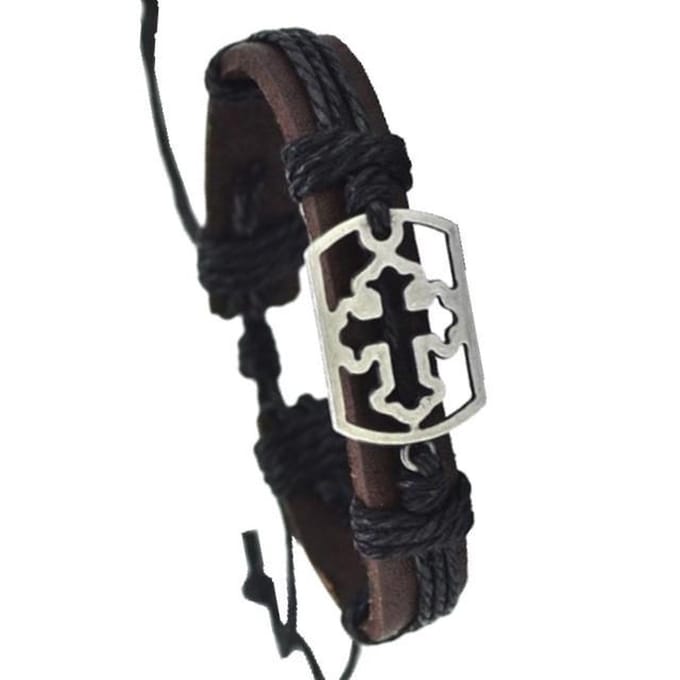 Fako Bijoux® - Leren Armband - Leder - Kruis Open Rechthoek - Zwart