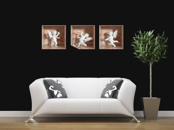 3D-sticker met 3 roze marmeren engeltjes, 40 x 120 cm