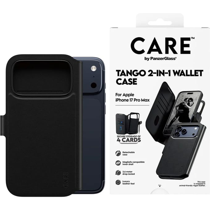 CARE by PanzerGlass Tango 2 in 1 Wallet Case geschikt voor MagSafe geschikt voor iPhone 17 Pro Max - Black