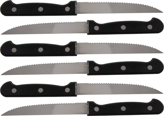 Excellent Houseware scherpe Steakmessen - 6x stuks - RVS - 21,5 cm - bestek - zwart/zilver