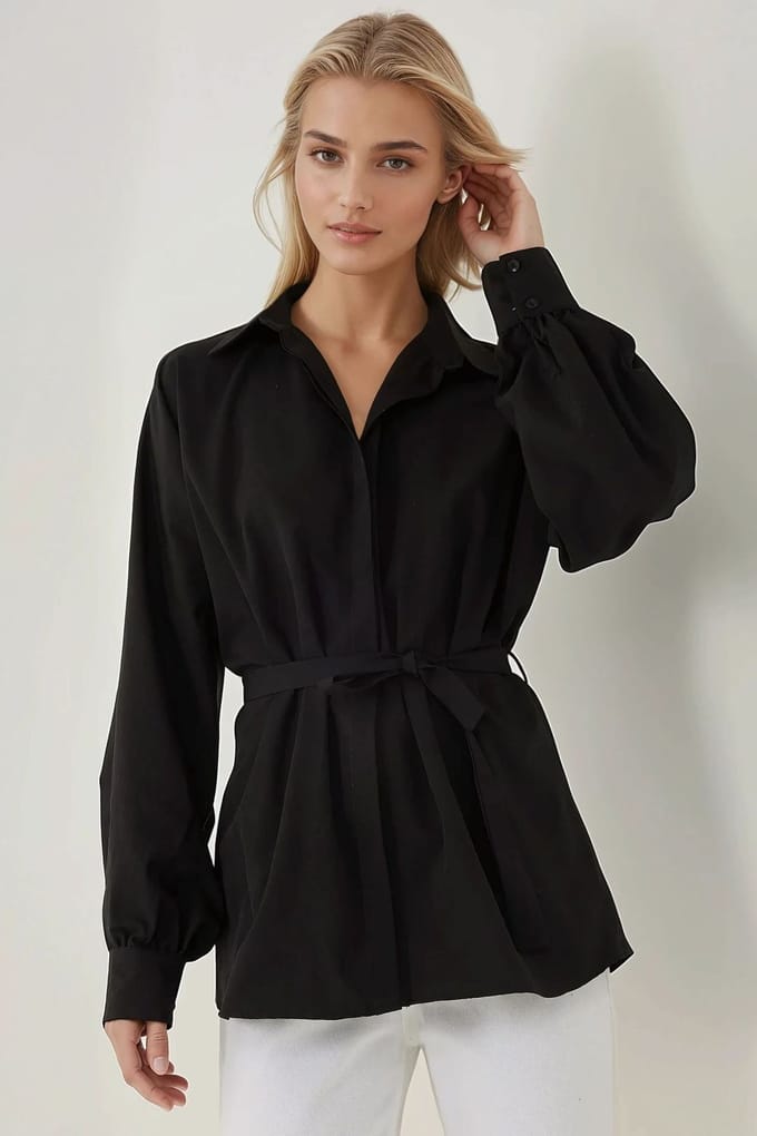 Linnen-Polyester Lange Mouwen Shirt met Riem