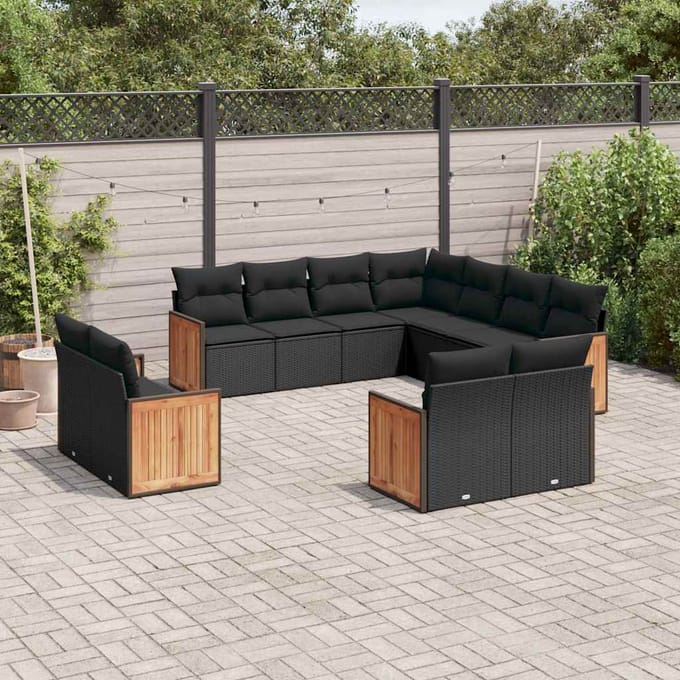 vidaXL - 11-delige - Loungeset - met - kussens - poly - rattan - zwart