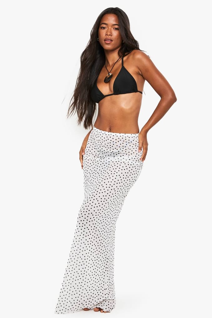 boohoo Dames Polka Maxi Strandrok | White | Maat: Medium