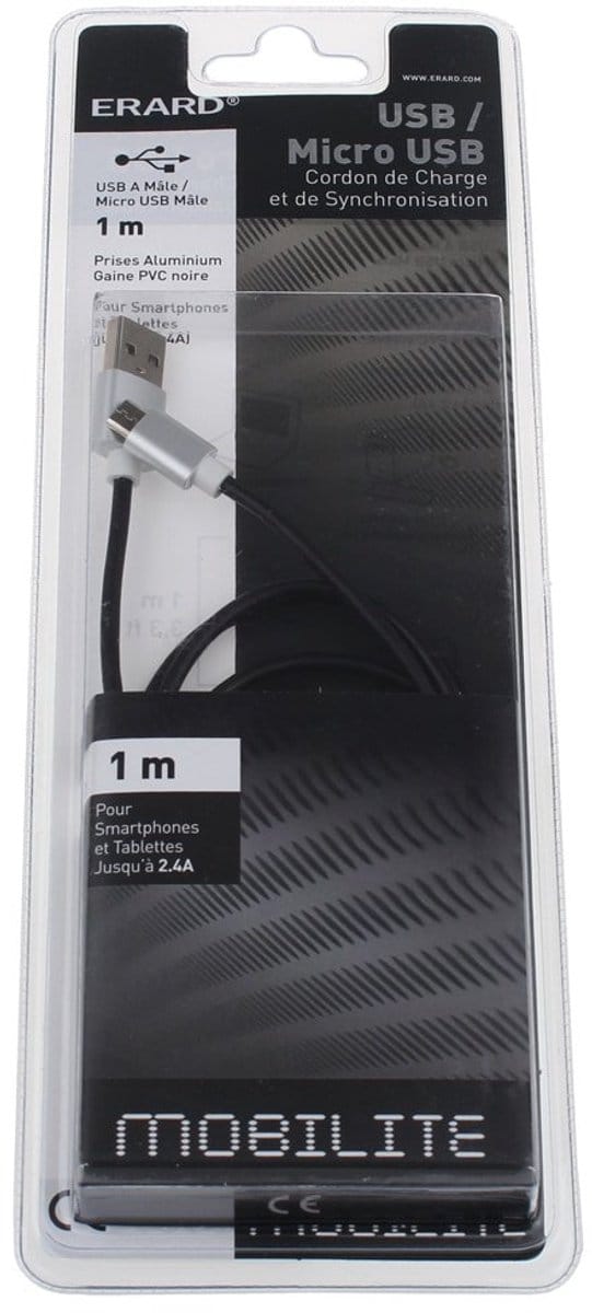 ERARD - Micro USB M / USB M - 2.4A - 1m (prises Alu) - 722405