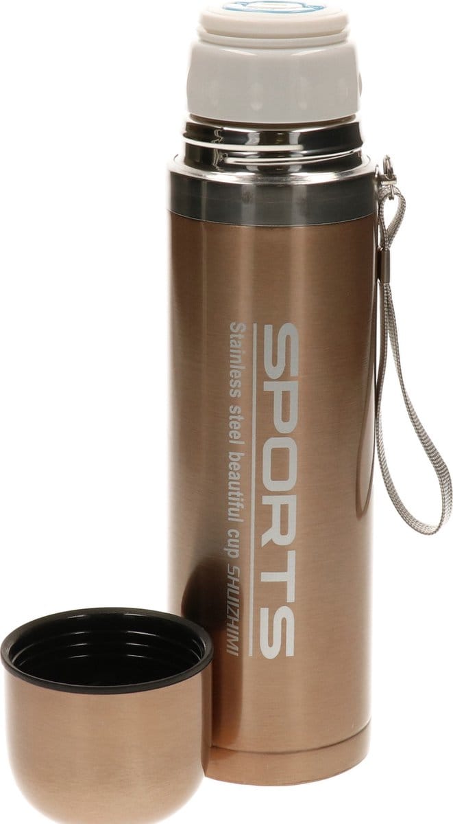 Thermosfles Metallic - RVS - isoleerfles - goud - 500 ml - Thermoflessen - met draaglus