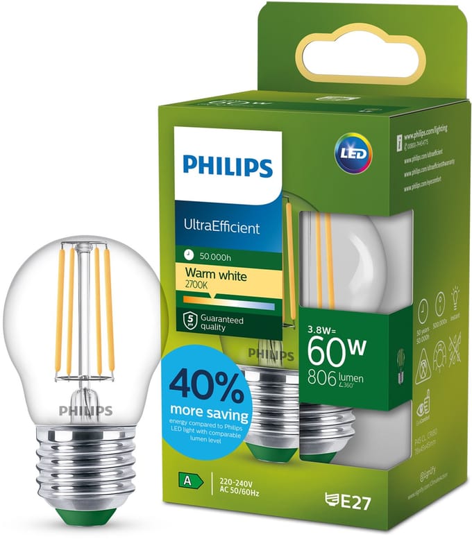 Philips UltraEfficient LED lamp - 60W - E14 fitting - Warmwit licht: 2700K - Helder glas - P45 kogellamp - Lange levensduur