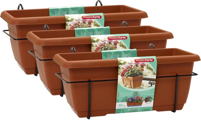 Plasticforte Balkonbak - 3x - terracotta - 40 cm - plantenbak met hanger - bloembak