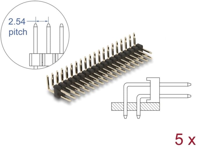 Delock Pin header 20 pin, pitch 2.54 mm, 2-row, angled, 5 pieces
