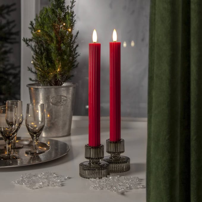LED kaars "Flame Stripe", set van 2, echte was, natuurlijke vlam, warm wit, rood, batterij, timer, 25 cm